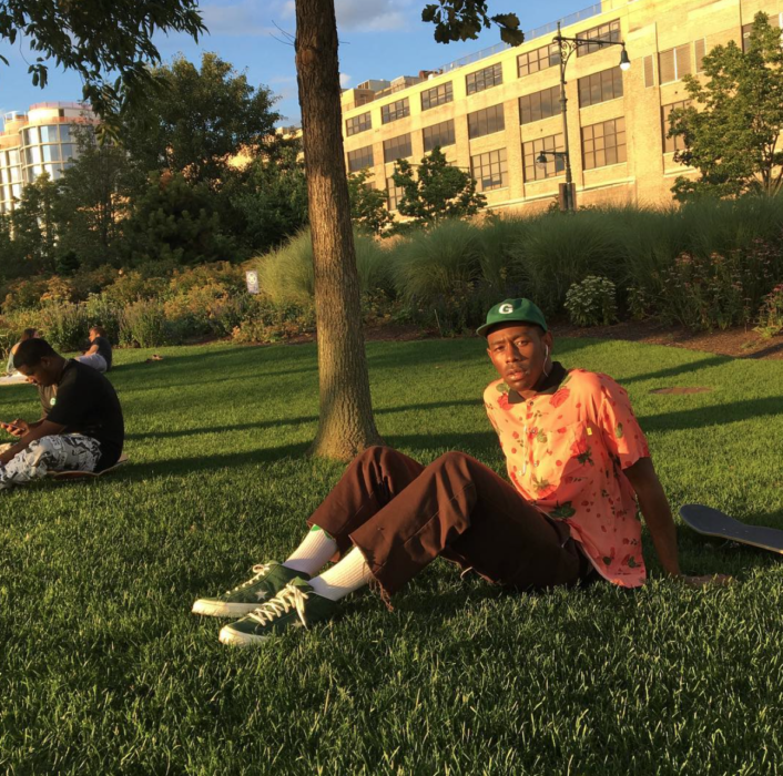 prompthunt: A photo of Tyler the Creator sitting in the middle of a garden,  8K concept art, dreamy, garden, bushes, flowers, golden hour, vintage  camera, detailed, UHD realistic faces, award winning photography